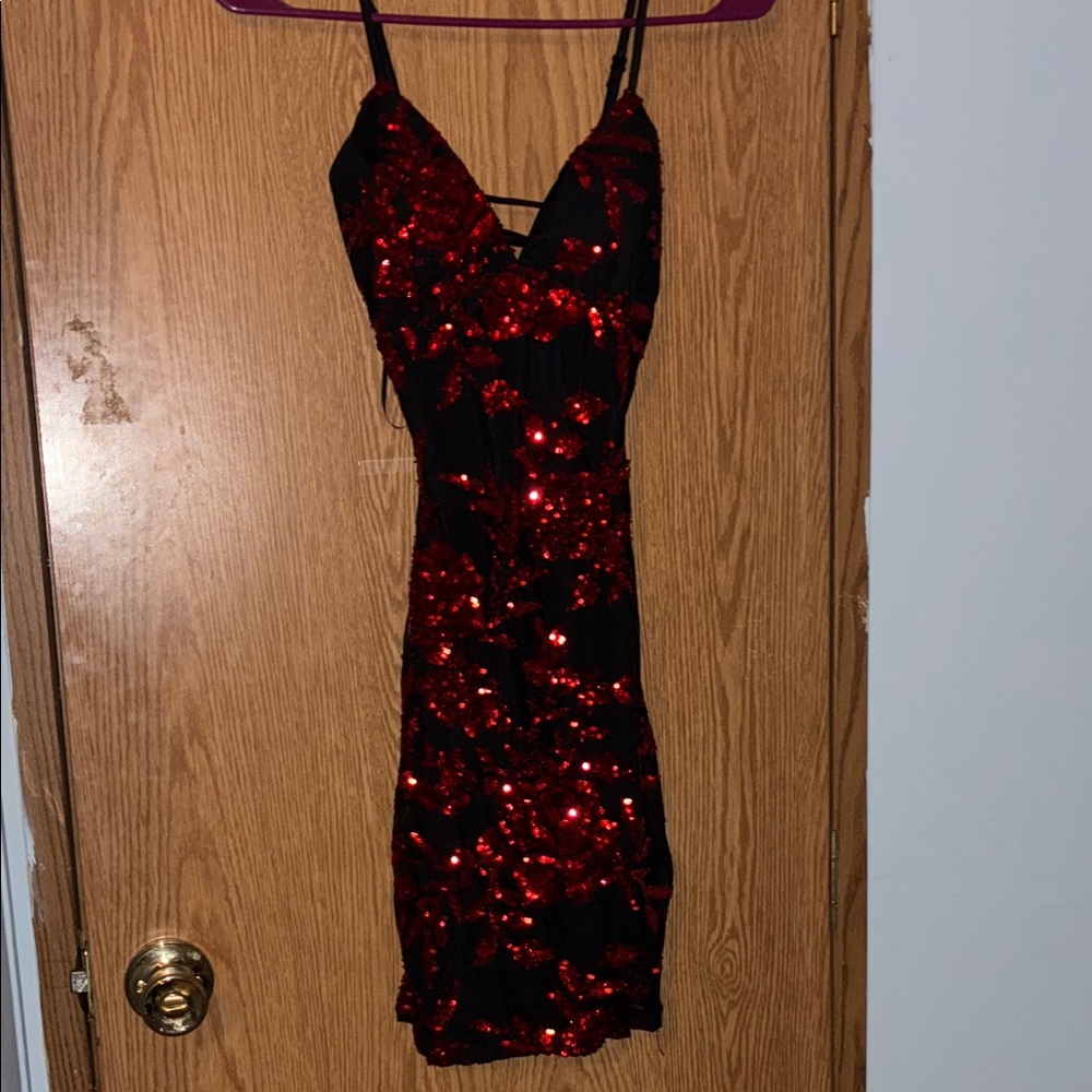 Windsor Black Mini Dress with Red Sequin Floral Accents
